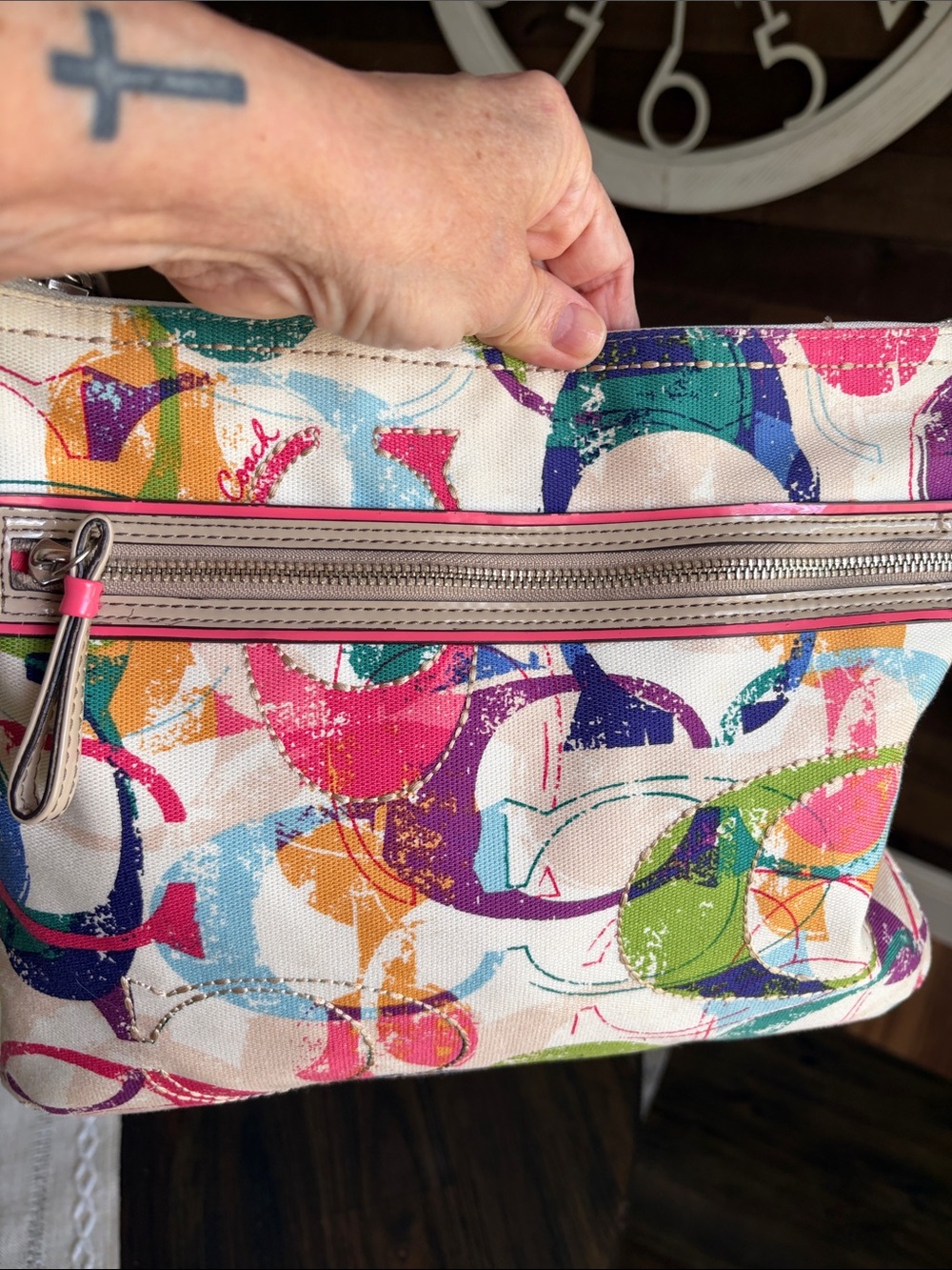 Coach Poppy Multicolor Canvas Shoulder Bag with Cream Leather Trim - Picture 6 of 16